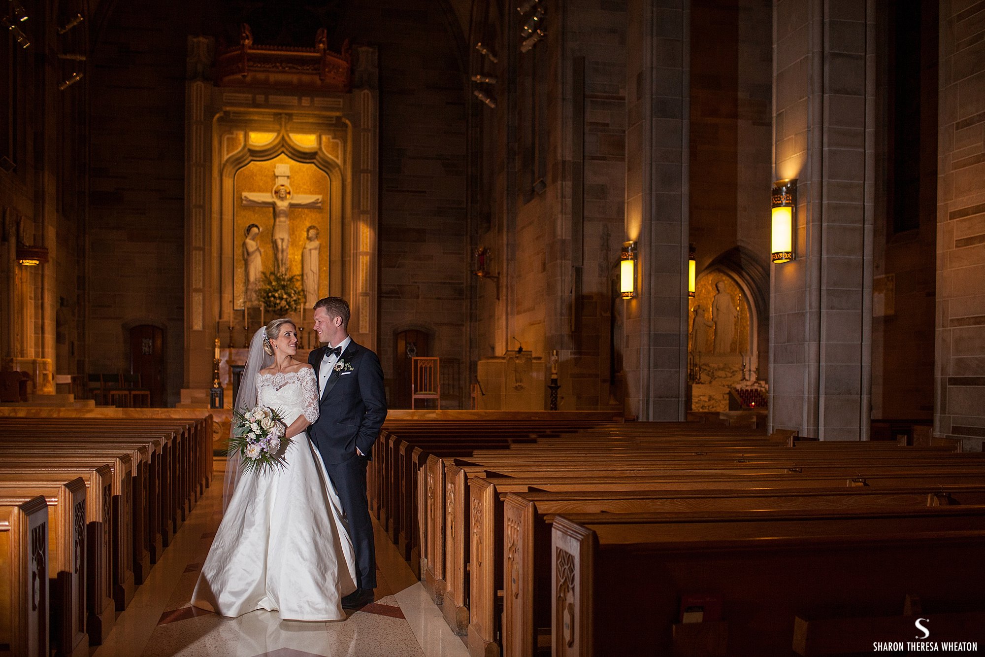 Bride and groom portrait in cathedral